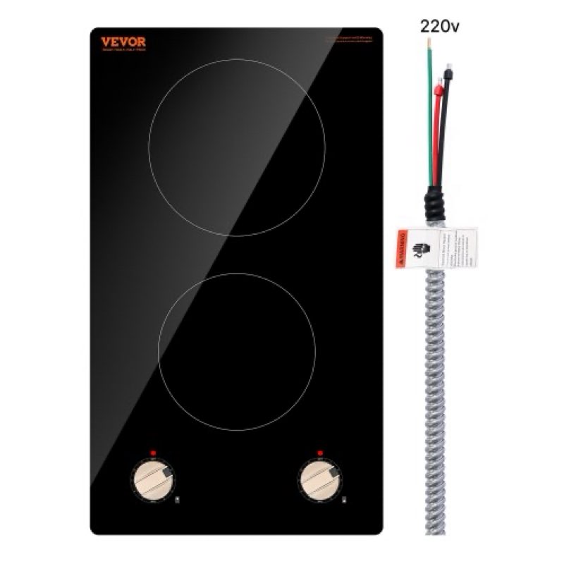 VEVOR Induction Cooktop, 3500W Electric Countertop Burner, 2 Burner Knob Control Stove, Built-in Induction Cooktop with 12 Temperature Settings, Glass Surface, Auto Shut-Off