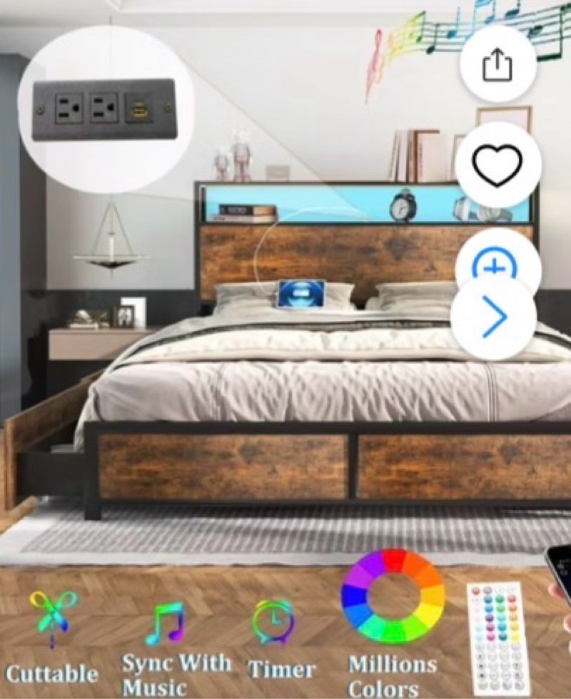 LED Full Bed Frame with Storage Headboard & 4 Drawers, Industrial Metal Platform Bed with Power Charging Station & USB Ports