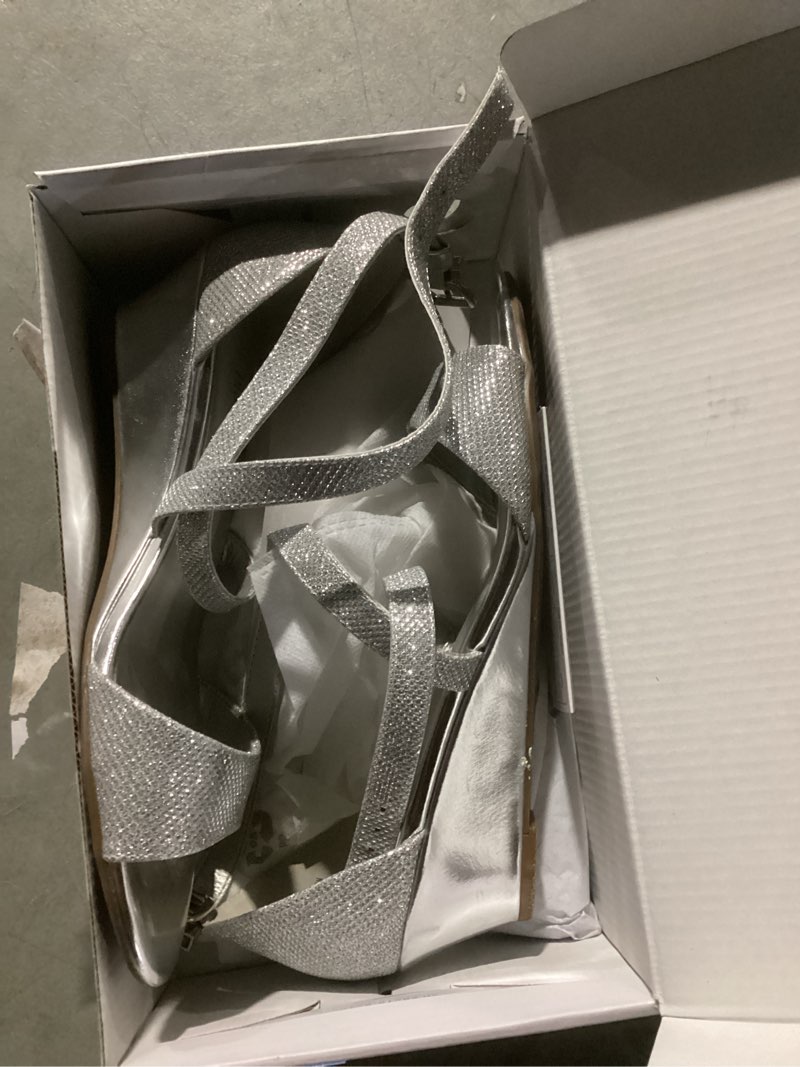 Condition photo showing Good Condition for dream pairs women's low wedge sandals ankle strap heel sandal open toe wide dress summer shoes 8 silver