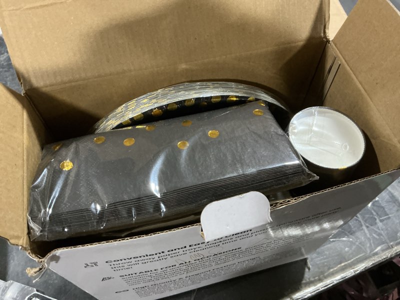 Condition photo showing Good Condition for aire 175pcs black and gold paper plates party supplies for 25 guests disposable party decorations dinnerware golden dot black paper plates napkins cups gold plastic forks knives spoons for parties