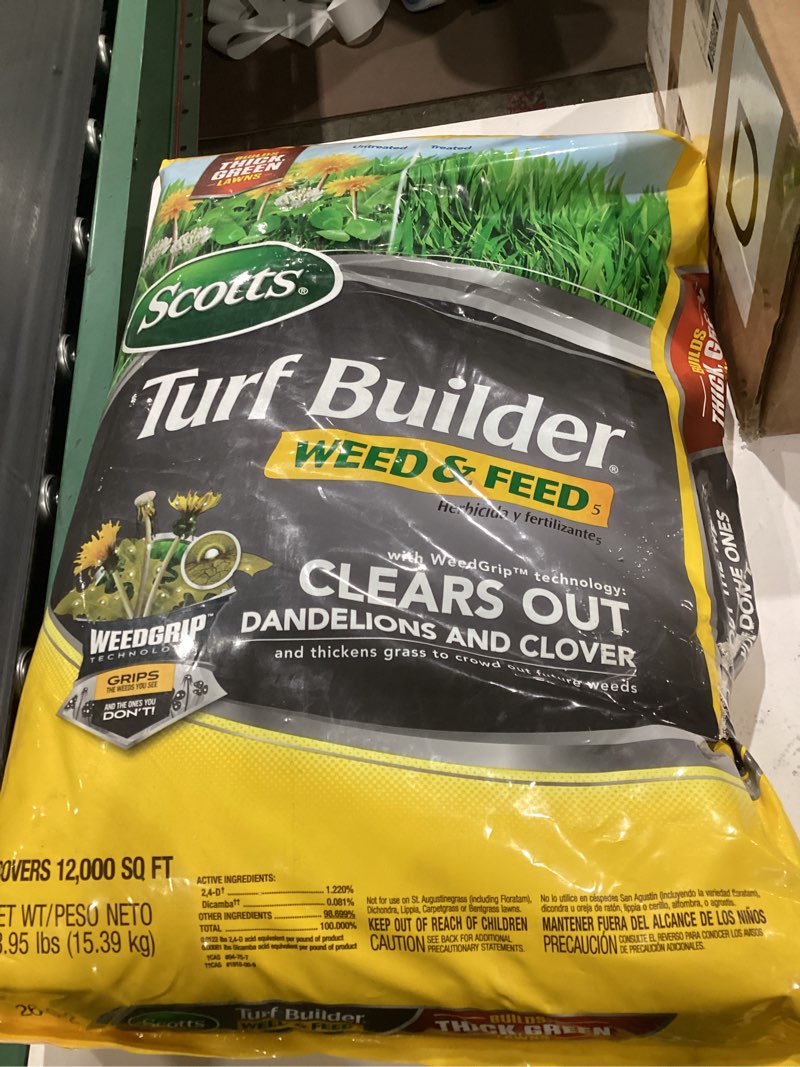 Condition photo showing As Is for scotts turf builder 33.95 lbs. 12,000 sq. ft. weed and feed5, weed killer plus lawn fertilizer
