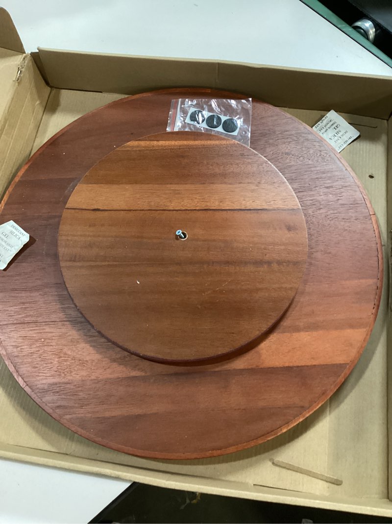 Condition photo showing As Is for 18" Acacia Wood Lazy Susan Organizer Kitchen Turntable for Cabinet Pantry Table Organization