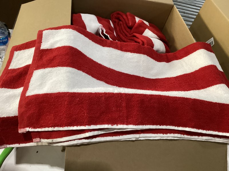 Condition photo showing As Is for Similar to stock photo 100% Cotton Velour Cabana Stripe Beach Towel Set 30\" x 60\" - Ultra Soft, Plush, & Highly Absorbent Towels for Pool, Beach, & Swimming. Marina Collection (4-Pack, Red) Red 4