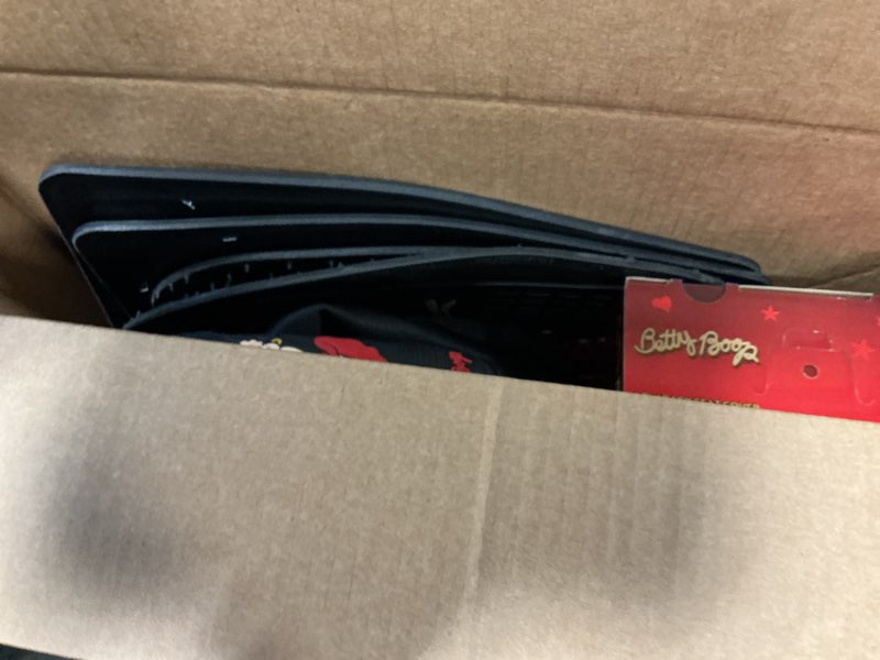 Condition photo showing Good Condition for plasticolor a 7 piece betty boop gift set: 2 lowback seat covers, 2 front floor mats, 2 rear floor mats, and 1 steering wheel cover. - betty boop