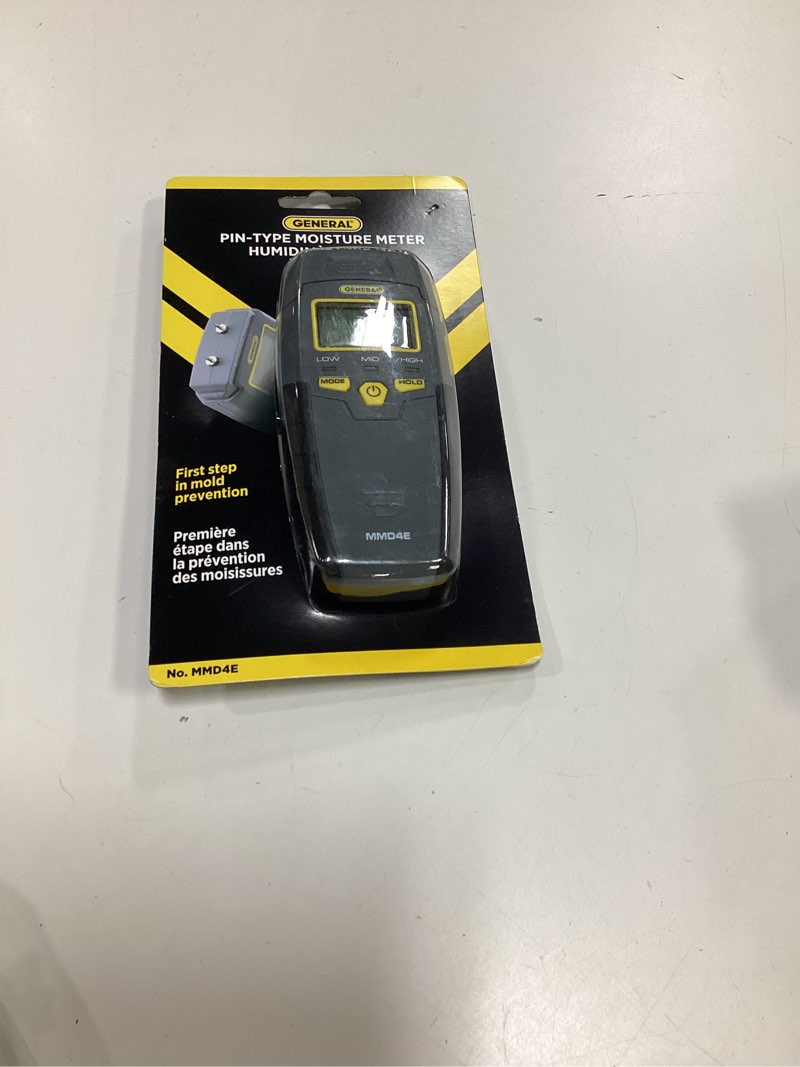 Condition photo showing New/Like New for general tools mmd4e digital moisture meter, water leak detector, moisture tester, pin type, backlit lcd display with audible and visual high-medium-low moisture content alerts, grays