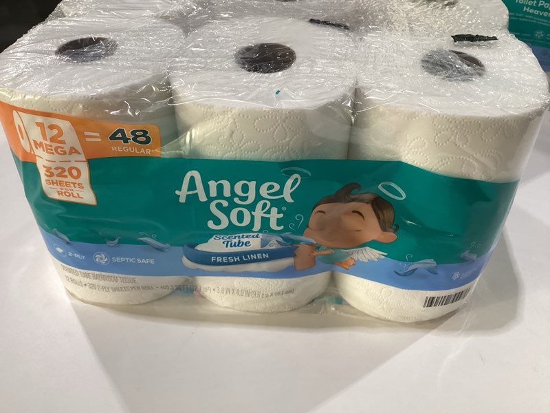 Condition photo showing New/Like New for Angel Soft Toilet Paper with Fresh Linen Scented Tube, 48 Mega Rolls = 192 Regular Rolls, Soft and Strong Toilet Tissue Mega 48 Rolls (320 Sheets), SIMILAR TO STOCK PHOTO ONLY 1 PACK 12 ROLLS