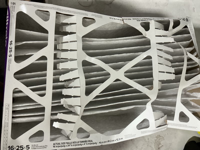 Condition photo showing As Is for filtrete 16 x 25 x 5 merv 12 1550 mpr allergen, bacteria and virus electrostatic pleated air filter