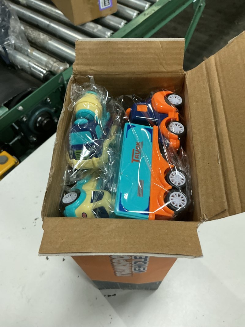 Condition photo showing Good Condition for 9 pack cars toys for 2 3 4 5 years old toddlers boys and girls gift, big transport truck with 8 small cute pull back trucks, colorful assorted vehicles playset, carrier truck with sound and light blue