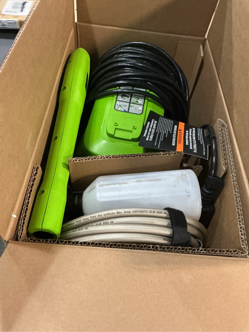 Condition photo showing As Is for greenworks 1700 psi (1.2 gpm) electric pressure washer (25°, 40° nozzles) ideal for cleaning cars, trucks, boats, outdoor patio furniture, decks, and windows