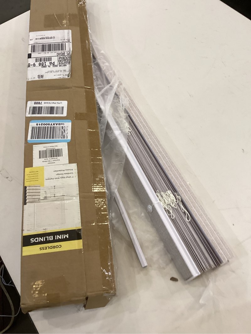 Condition photo showing New/Like New for Cordless Blinds for Indoor Windows 1" Vinyl Textured Print Slats Mini Blinds for Home, 28" W × 64" H - Sand Sand 28" W × 64" H