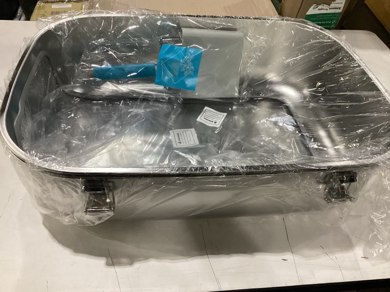 Condition photo showing New/Like New for extra large stainless steel cat litter box with high sided enclosure, odor resistant metal litter pan, non-stick easy clean, includes scoop & holder, leakproof anti-scatter design