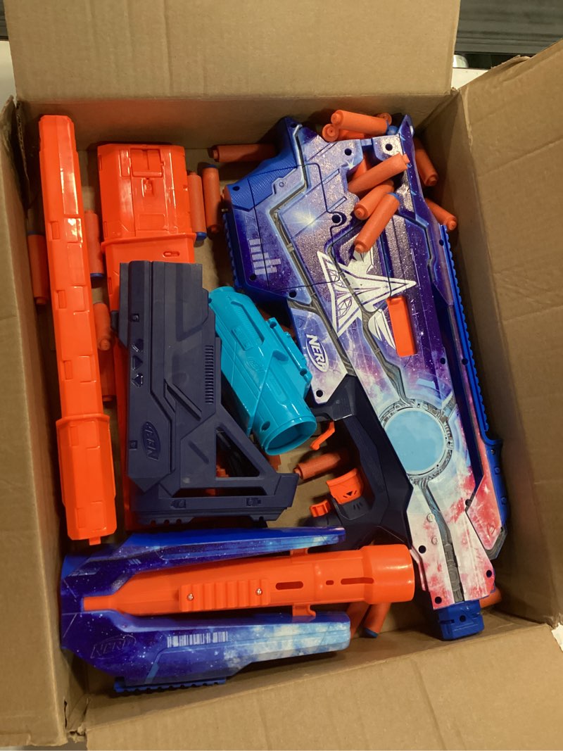 Condition photo showing As Is for nerf loadout galactic commander motorized blaster, 3 firing modes, 3 attachment accessories, 48 nerf n1 darts, kids toys & gifts, ages 8+
