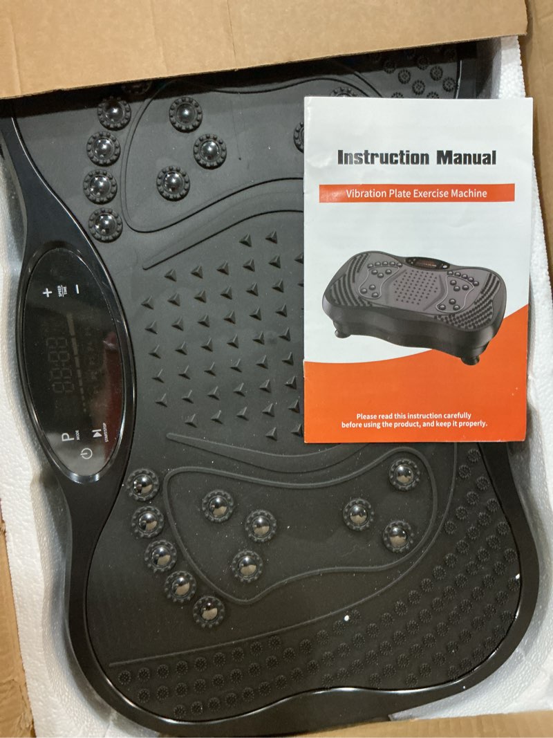 Condition photo showing As Is for vibration plate exercise machine, 130 levels full body workout vibrating plate for lymphatic drainage weight loss, 450 lbs capacity shake platform with resistance bands bluetooth for women men