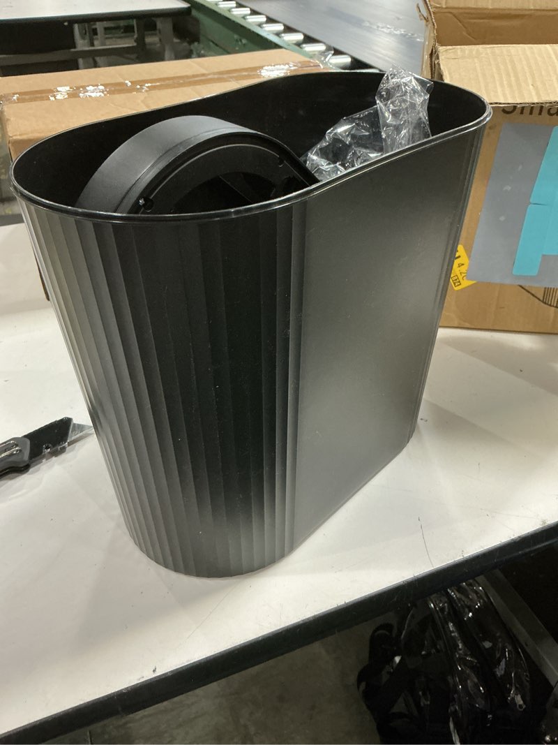 Condition photo showing As Is for 5 gallon bathroom trash can with lid, automatic motion sensor black trash can, touchless slim waterproof garbage bin for kitchen, bedroom, office, and bathroom 1p-5 gallon black