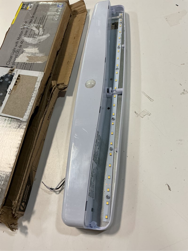 Condition photo showing As Is for lithonia lighting led flush mount closet light, 18 inch motion sensor closet light fixture for bedroom, bathroom, storeroom, pantry or utility room, damp rated, hardwired (fmmcl 18 840 pir m4) motion sensor 18 in (pack of 1) white led