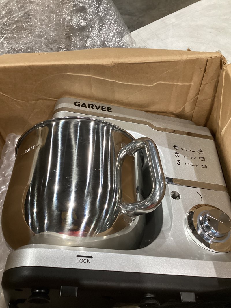 Condition photo showing Good Condition for 7.5 qt stand mixer, 10-speed tilt-head electric dough mixer with stainless steel bowl, includes dough hook, wire whisk, and beater, with splash guard for home cooks, silver
