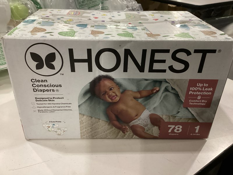 Condition photo showing New/Like New for the honest company comfort dry disposable diapers for sensitive skin, hypoallergenic, all the alpacas + turtle time, club box size 1 (8-14 lbs) 78 count size 1 (78 count) all the alpacas + turtle time