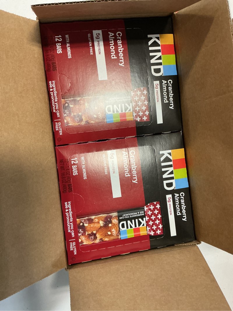 Condition photo showing New/Like New for (BB:06/30/2026)KIND Nut Bars, Cranberry Almond, Healthy Snack Bars, Gluten Free, Low Sugar, 6g Protein, 24 Count Cranberry Almond 1.4 Ounce (Pack of 24)