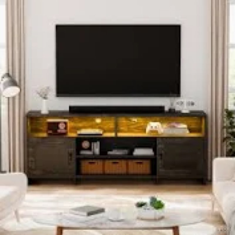 70'' Fluted TV Stand with Charging Station , Entertainment Center For Tvs Up To 80", Tall TV Stand with Metal Legs Design for Living Room, Bedroom