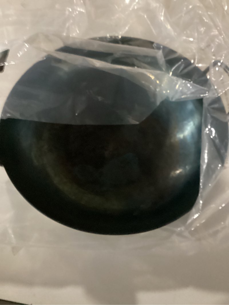 Condition photo showing As Is for YOSUKATA 13.5” Blue Carbon Steel Wok Pan – Pre-Seasoned Flat Bottom Wok Compatible with open fire, gas, electric, ceramic, induction cooktops -Traditional Chinese Pan for Stir Fry, BBQ, Grill, Camping