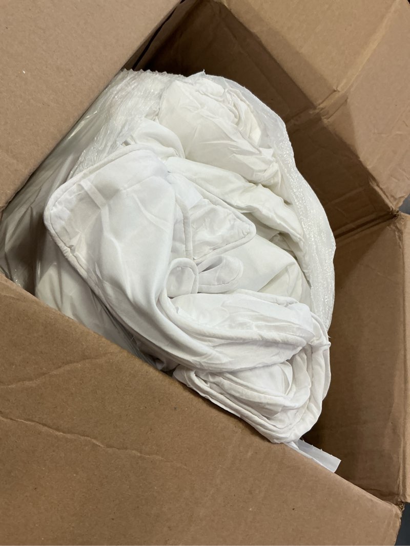 Condition photo showing As Is for amazon basics 3-piece all-season soft down-alternative lightweight microfiber comforter bedding set, pinch pleat design with piped edges, king, bright white bright white king