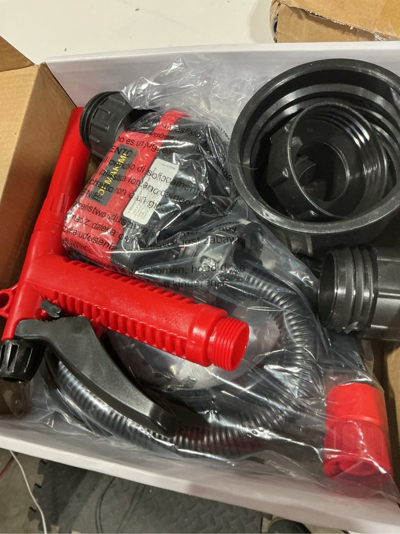 Condition photo showing New/Like New for 4.5gpm cordless fuel transfer pump with 51" pvc hose, compatible with dewalt 20v (include powerstack) & milwaukee 18v batteries, 4 adapters & multi-adapter, gas pump for lawn mowers, cars(bare tool)