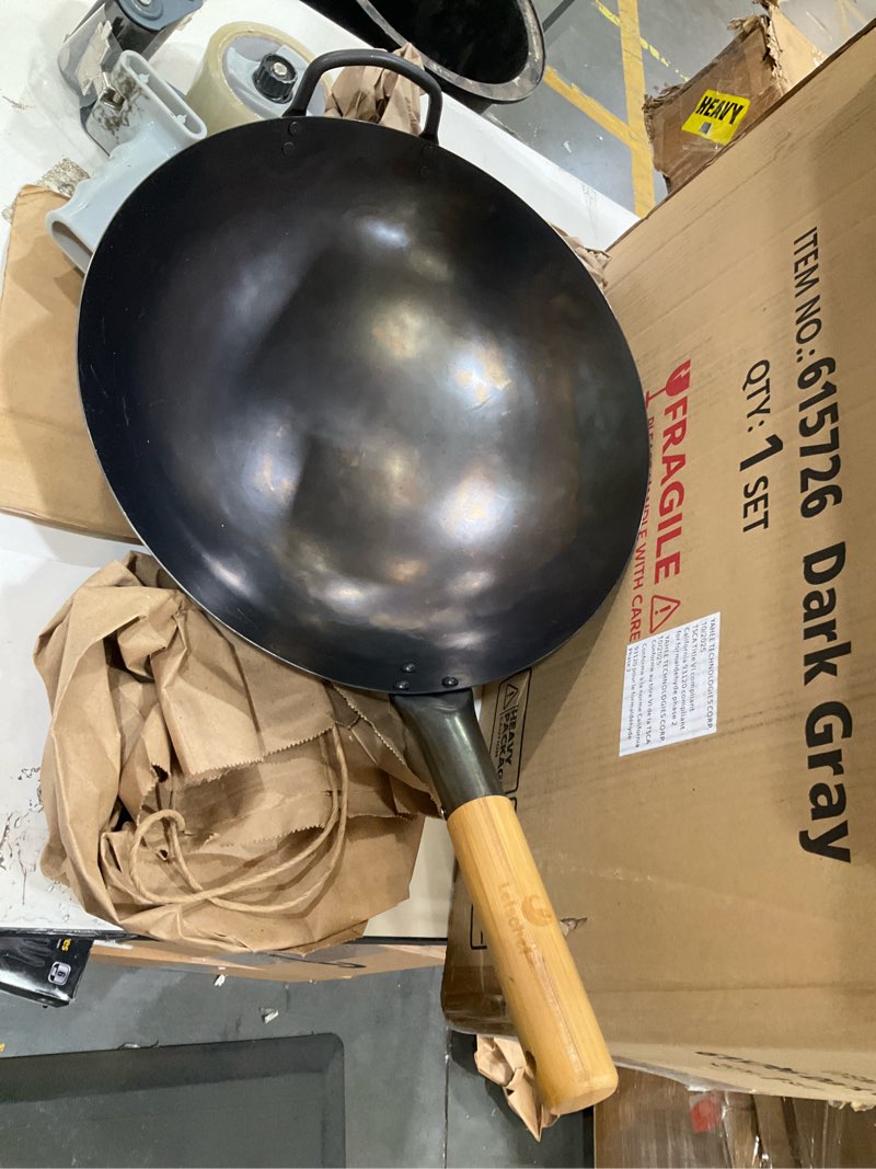 Condition photo showing Good Condition for preseasoned carbon steel wok 14 inches hand hammered chinese traditional wok and stir fry pan round bottom with bamboo handle pfoa free cookware
