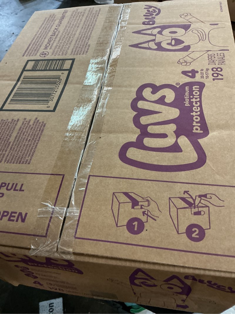 Condition photo showing New/Like New for luvs size 4 baby diapers, platinum protection bluey diapers for day & night, size 4, 198 count (packaging may vary) size 4 198