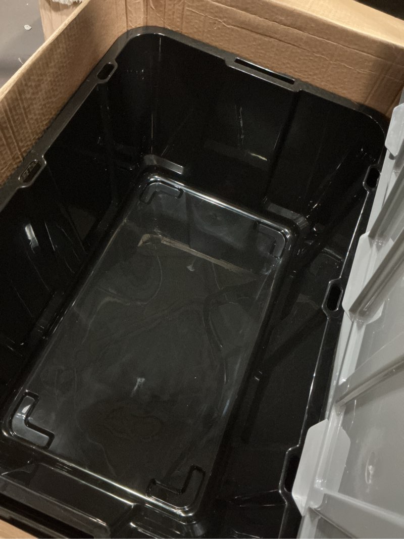 Condition photo showing item condition for IRIS USA 4-Pack 27 Gallon Storage Bins with Lids |Made in USA| Heavy Duty Plastic Tote Containers for Truckbed Tool Box Organization, Large - Gray Gray 4 - Pack