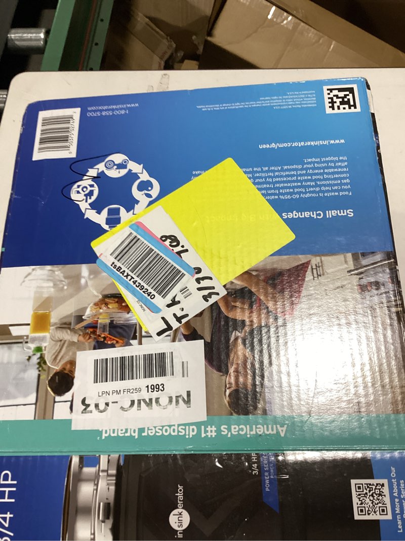 Condition photo showing New/Like New for insinkerator power .75hp, 3/4 hp garbage disposal, power series ez connect continuous feed food waste disposer, black