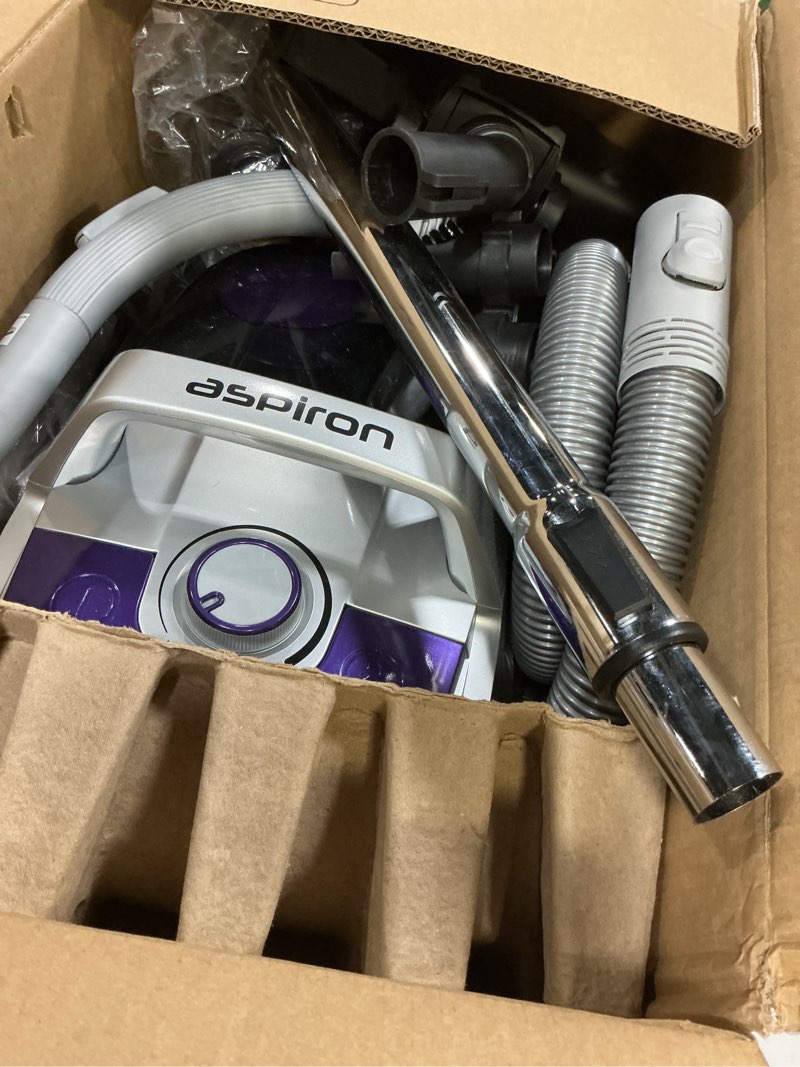 Condition photo showing As Is for aspiron canister vacuum cleaner, 40kpa bagless vacuum cleaners, 4qt large dust cup, double hepa filter, retractable cord, 1600w lightweight vacuum cleaner with 5 tools for hard floors, violet