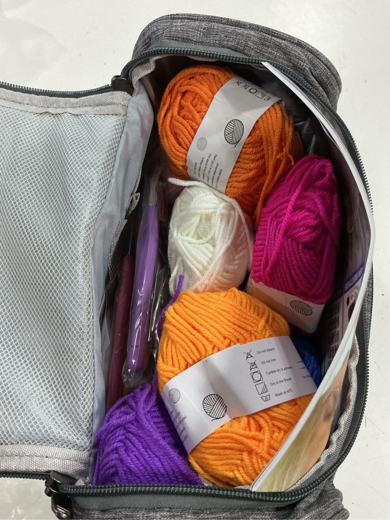 Condition photo showing Good Condition for aeelike crochet kit for beginners young and old, first crochet kit for adults include 23pcs crochet hooks, 655 yards yarn set for crocheting, instruction, bag, crochet accessories and supplies, grey
