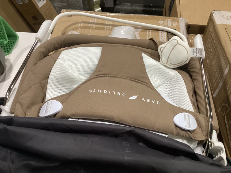 Condition photo showing New/Like New for baby delight alpine deluxe portable baby bouncer | infant | 0-6 months | 100% gots certified organic cotton fabric | organic mocha