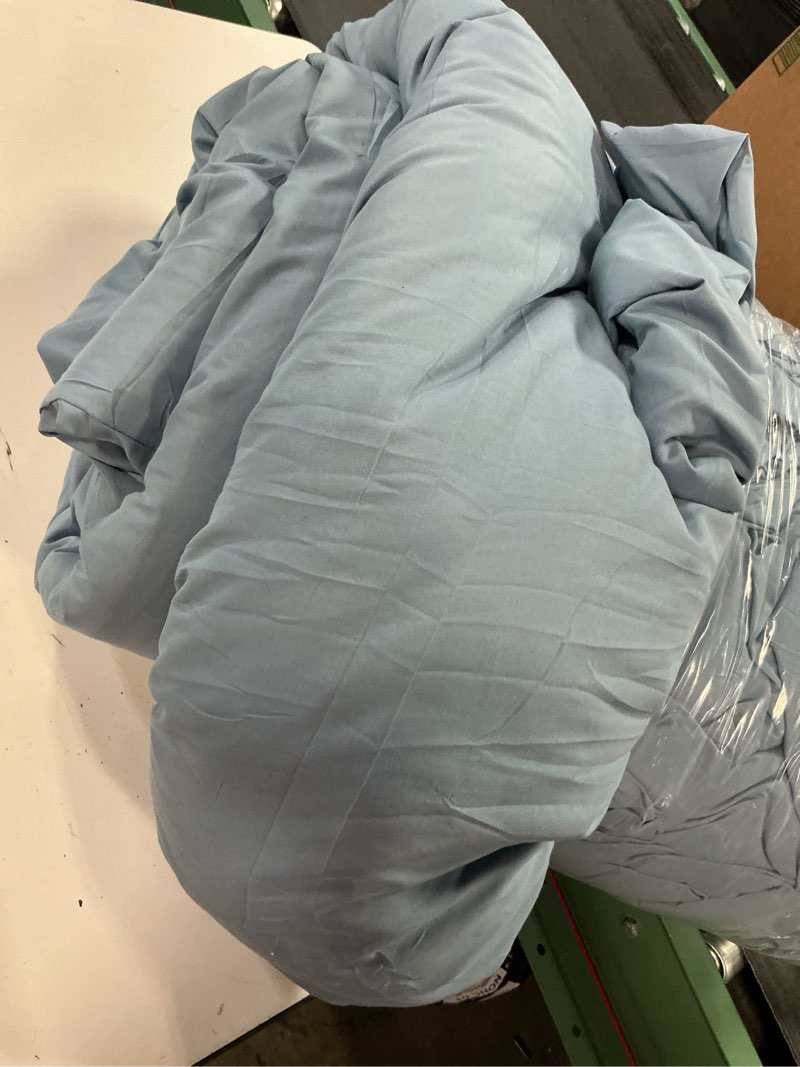 Condition photo showing As Is for cozylux oversized king comforter set grayish blue, 3 pieces 120x98 solid breathable quilted style bedding sets all season, luxury soft down alternative comforter bed set (1 comforter & 2 pillowcases) grayish blue oversized king