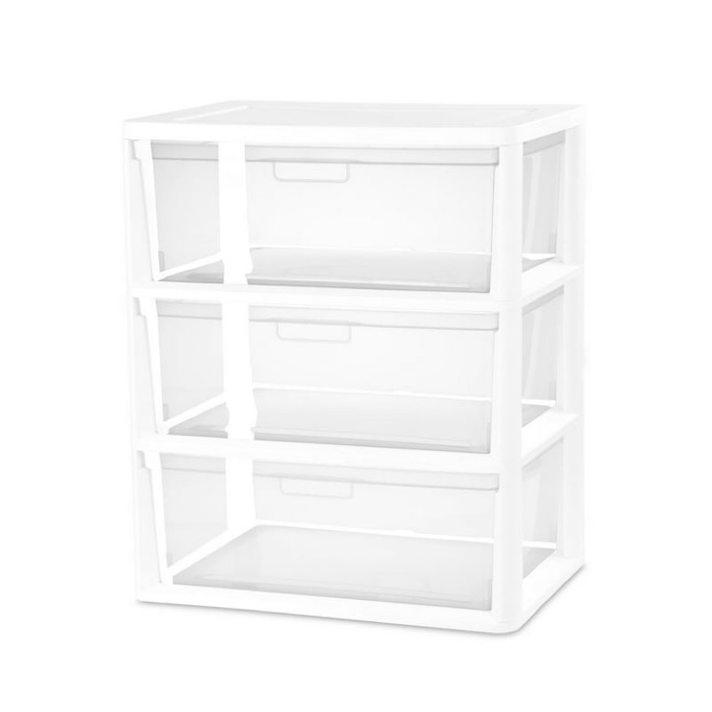 sterilite wide 3 drawer tower, plastic storage organizer with removable clear bins, easy to assemble - no tools needed, white