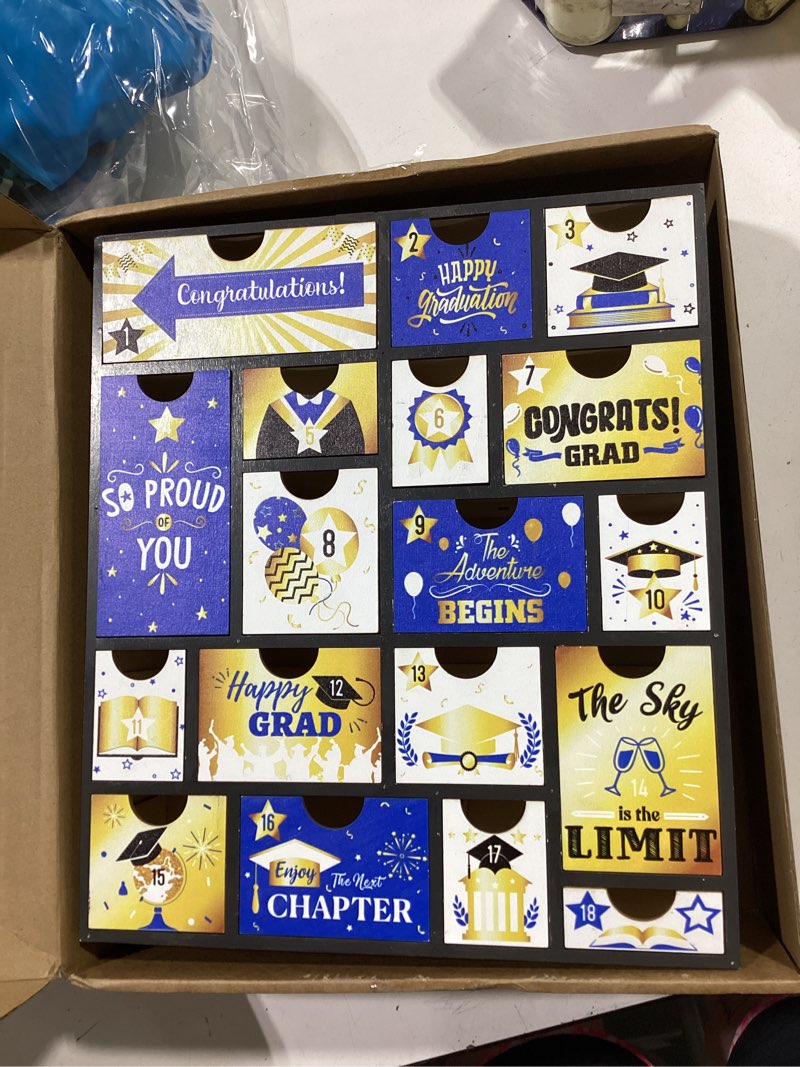 Condition photo showing Good Condition for novabright graduation countdown calendar gift box wooden 2026 empty fillable advent calendar with 18 drawers reusable creative surprise gift box for grad, gifts not included(black blue gold)