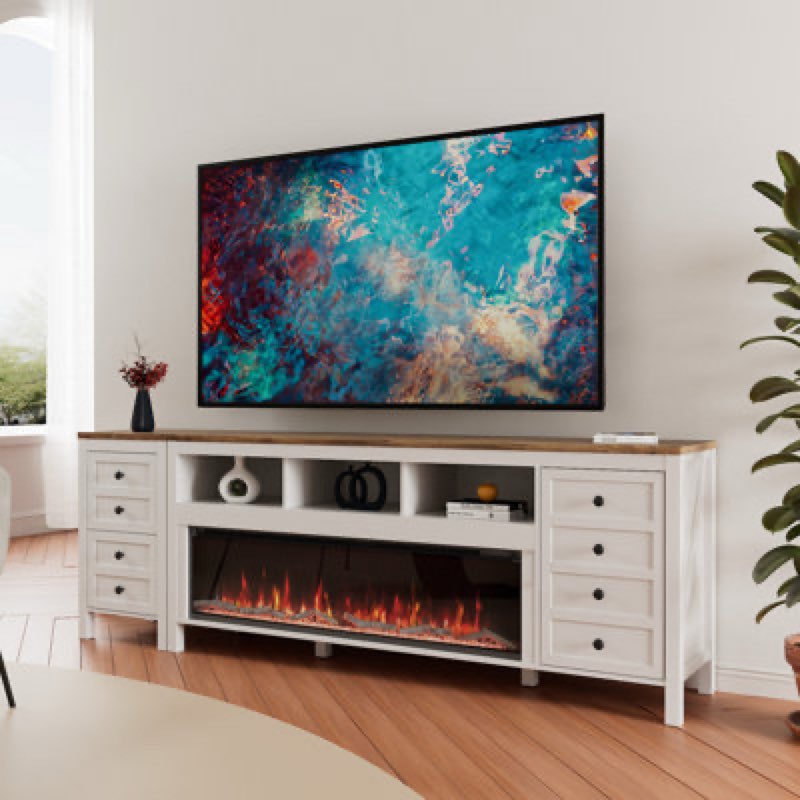 (83 inch fireplace tv stand for tvs up to 95 inch,farmhouse entertainment center with 50\" electric fireplace,white tv console with storage cabinets for living room