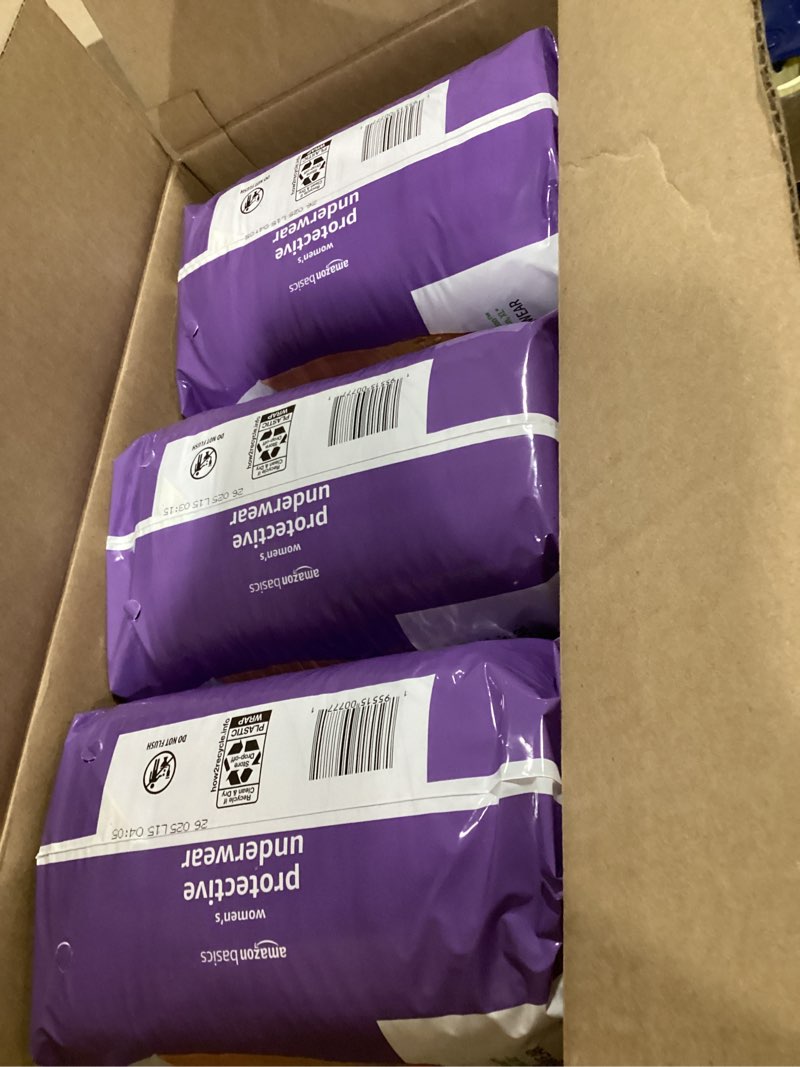 Condition photo showing New/Like New for amazon basics postpartum incontinence underwear for women, maximum absorbency, fresh protection, leak protection, odor guard, soft comfortable fit, disposable, x-large, lavender, 48 count x-large 48