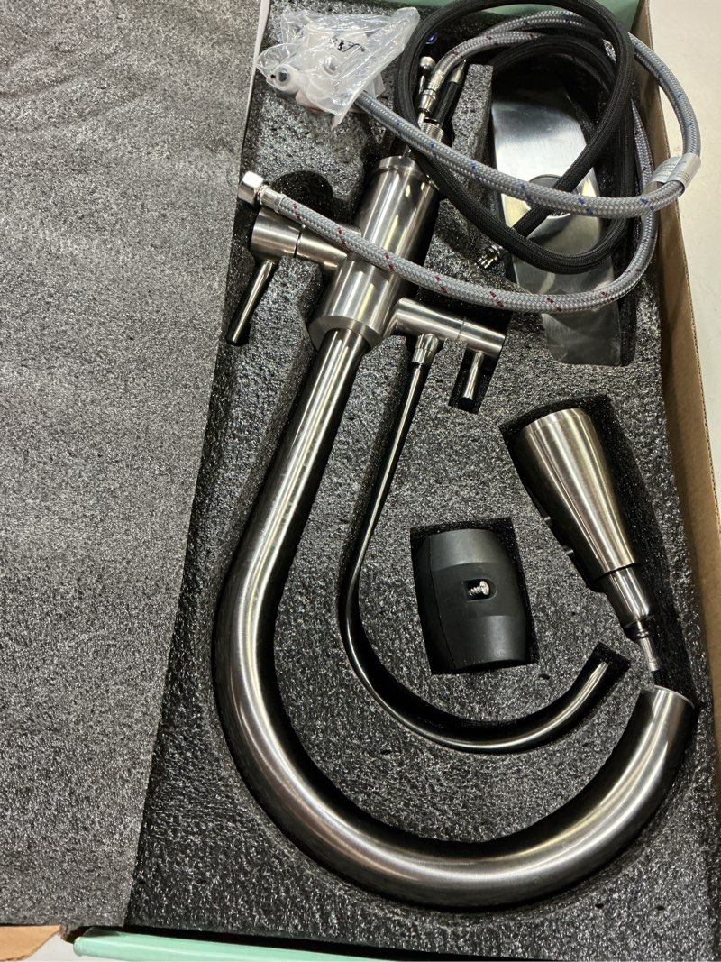 Condition photo showing Good Condition for forious kitchen faucets with water filter, 2 in 1 stainless steel pull down sink faucet and purfied water faucet high arc single handle with detachable deck for 1 or 3 hole, brushed nickel