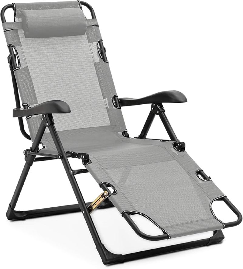 MoNiBloom Lounge Chair 115°-180° Adjustable Angle Patio Chair Steel Frame Outdoor Furniture Recliner Folding Lounge Camping Chair with Headrest for Pool Side Yard Beach, 330lbs Capacity