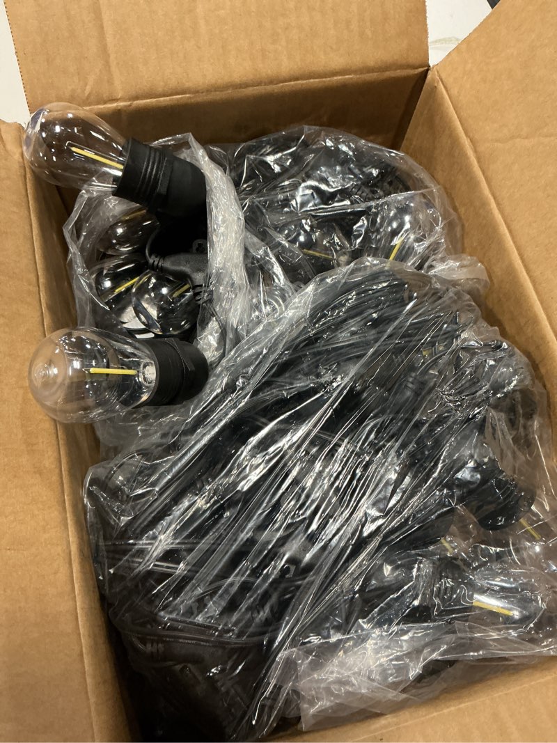 Condition photo showing Good Condition for lakumu 2-pack 96ft outdoor string lights with waterproof shatterproof dimmable 5000k daylight white e12 filament s14 led bulbs for backyard hanging lights linkable patio light for deck bistro pergola black-5000k 96ft(48ft*2)