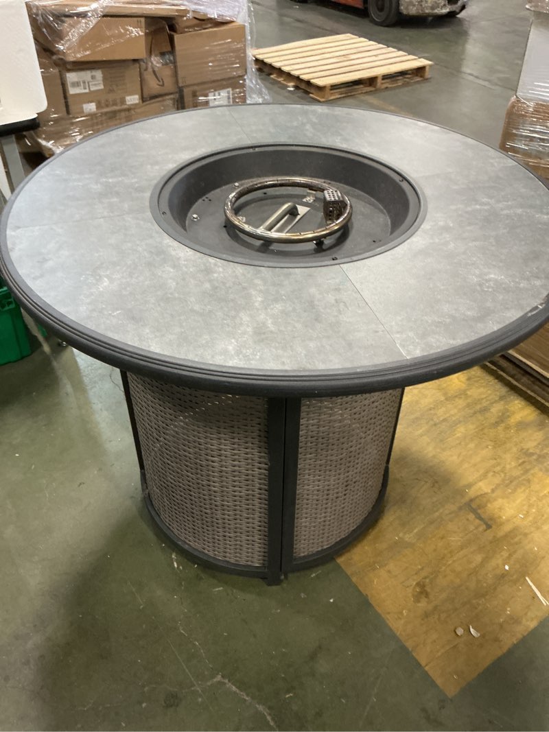 Condition photo showing As Is for This is an allen + roth Sedgebrook 42-in W 55000-BTU gray steel round tabletop propane gas fire pit