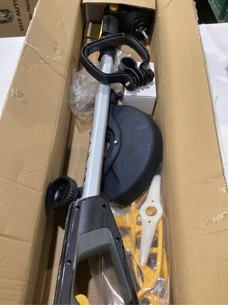 Condition photo showing As Is for cordless weed wacker, 20v battery powered weed eater with blades, 3 in 1 trimmer/edger/lawn cutter, adjustable length 2.5ah battery