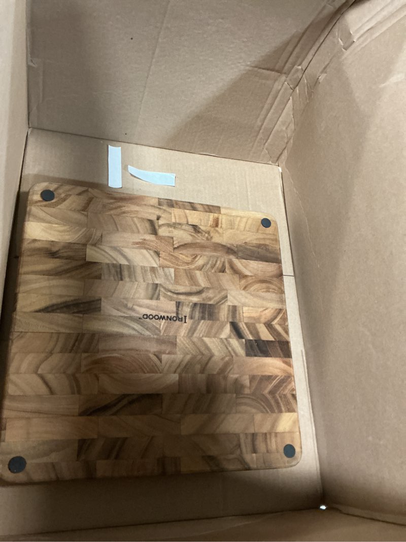Condition photo showing Good Condition for ironwood gourmet 28218 square charleston end grain chef's board , acacia wood 14" square 14"l x 14"w board