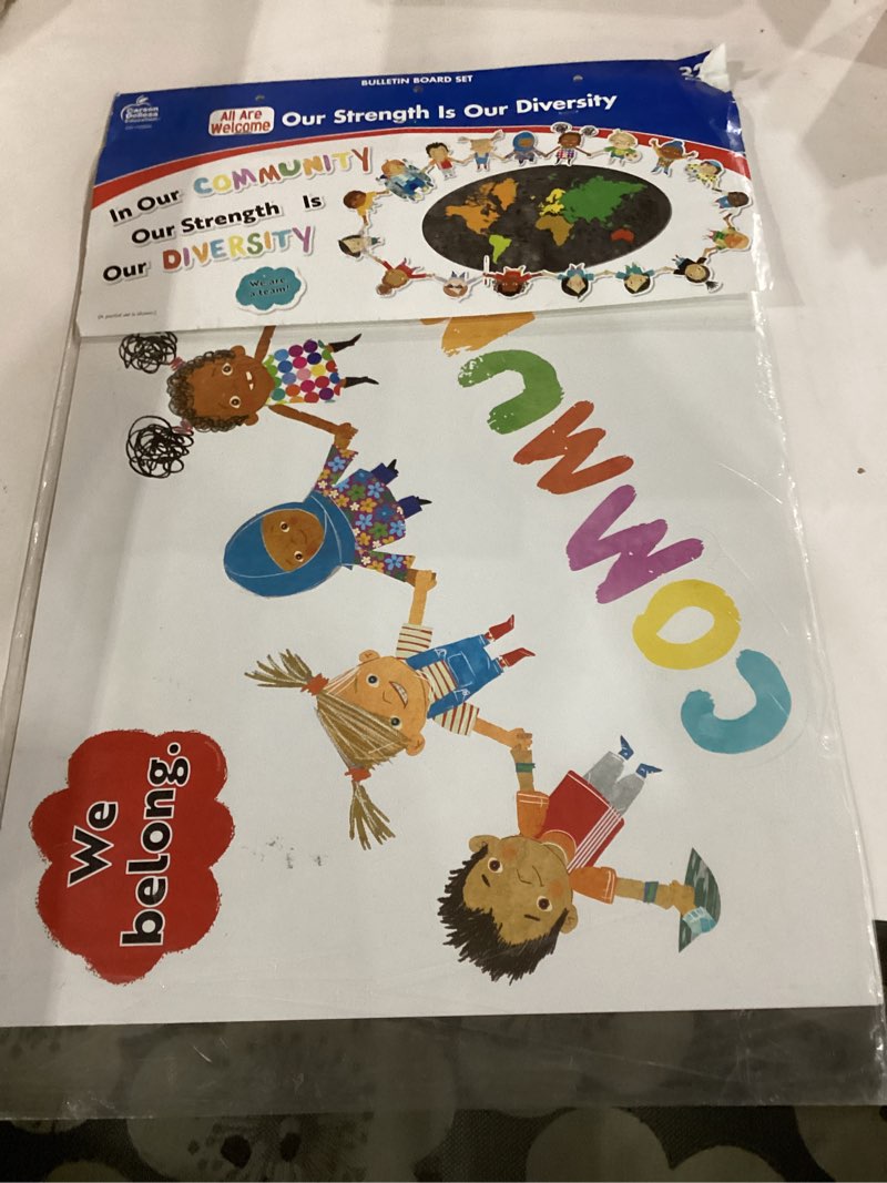 Condition photo showing Good Condition for carson dellosa our strength is our diversity bulletin board set—colorful 5-piece banner with map, hearts, and children cutouts, classroom or homeschool décor (22 pc) our strength is our diversity 26.5"l x 17.8"w