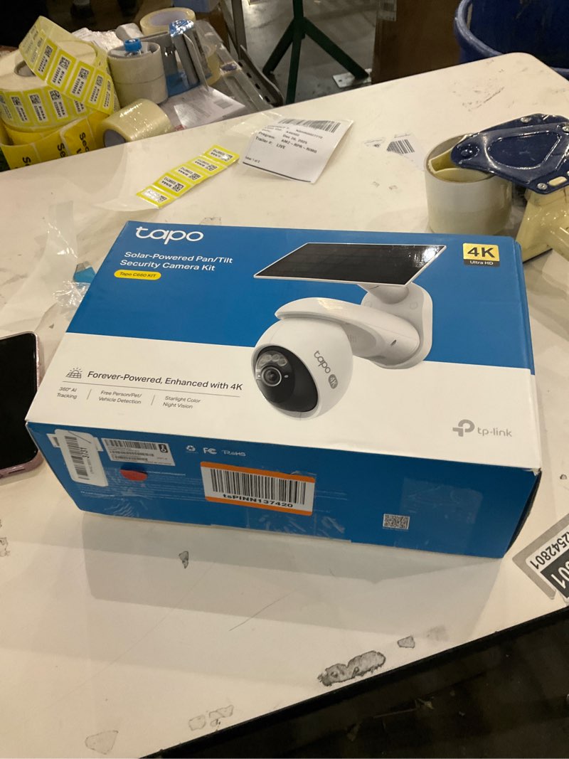 Condition photo showing New/Like New for Tapo 4K Outdoor Camera Wireless, Battery Camera w/Solar Panel, Pan/Tilt, 360° View, 24/7 Capture, Free Person/Vehicle Detection, Night Vision, SD/Cloud, Works w/Alexa and Google Home, VistaCam 360 SolarCam 4K