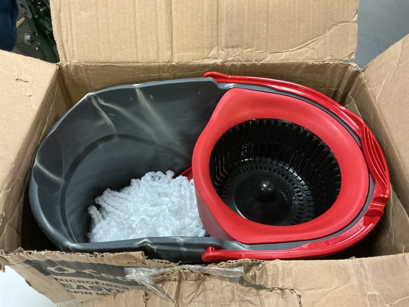Condition photo showing As Is for o-cedar easywring microfiber spin mop, bucket floor cleaning system, red, gray, standard easywring spin mop & bucket