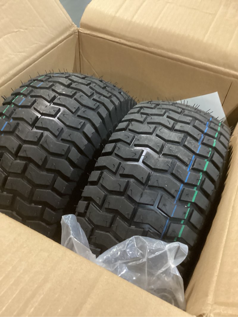 Condition photo showing Good Condition for 15x6.00-6 tubeless lawn mower tire and wheel with 3/4" bearing bore, with 5/8” bearings & spacers, for john deere mower, craftsman, husqvarna lawn tractor, 570 lbs capacity, 4 ply, 2 pack