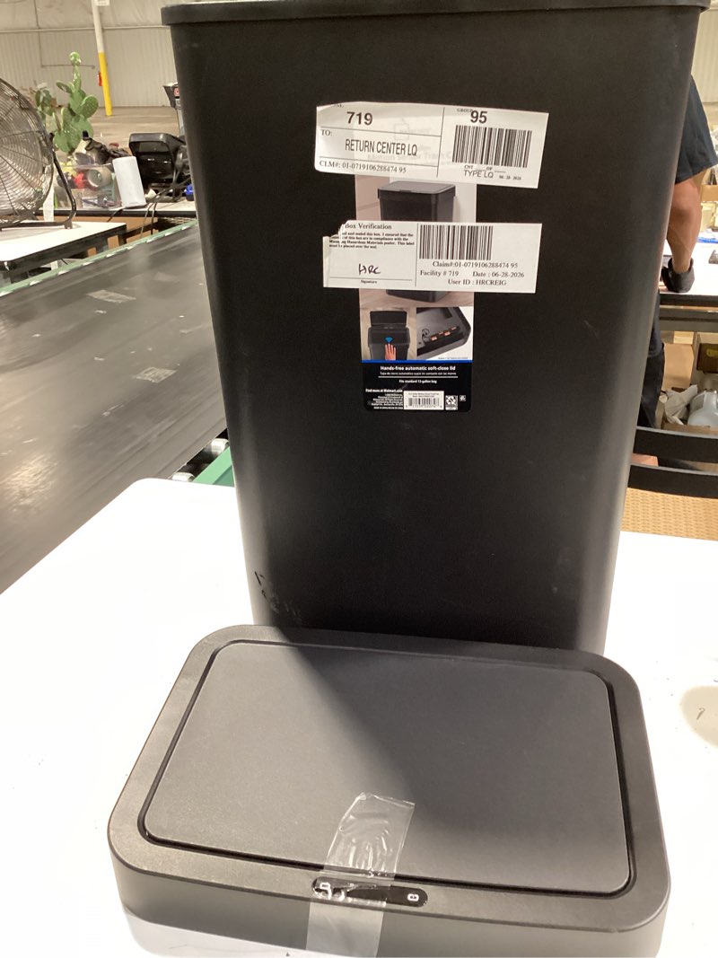 Condition photo showing As Is for mainstays 13.2 gallon kitchen sensor trash can, plastic motion sensor kitchen trash can, black