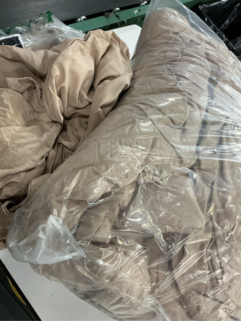 Condition photo showing As Is for wrensonge queen comforter set- 7 pieces beige bed in a bag queen with fitted sheet, flat sheet, 2 pillow shams, and 2 pillowcases- warm bed set for all season beige queen(90"*90")
